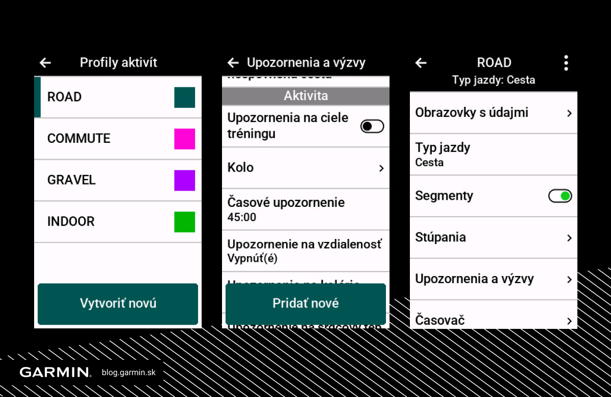 Postup, ako nastaviť upozornenia pre&nbsp;Profily aktivít na&nbsp;zariadení Garmin Edge