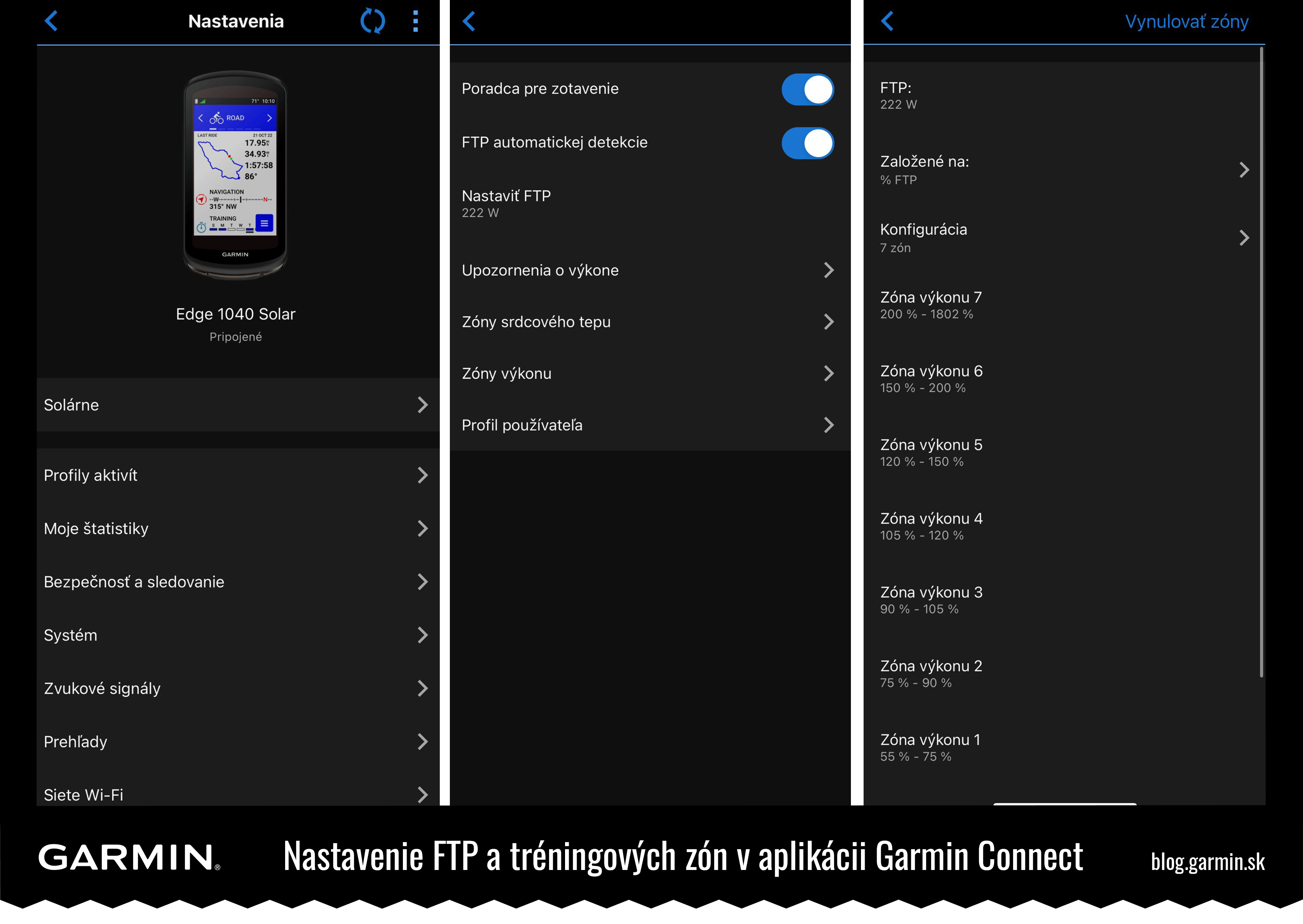 Nastavenie FTP a tréningových zón v aplikácii Garmin Connect