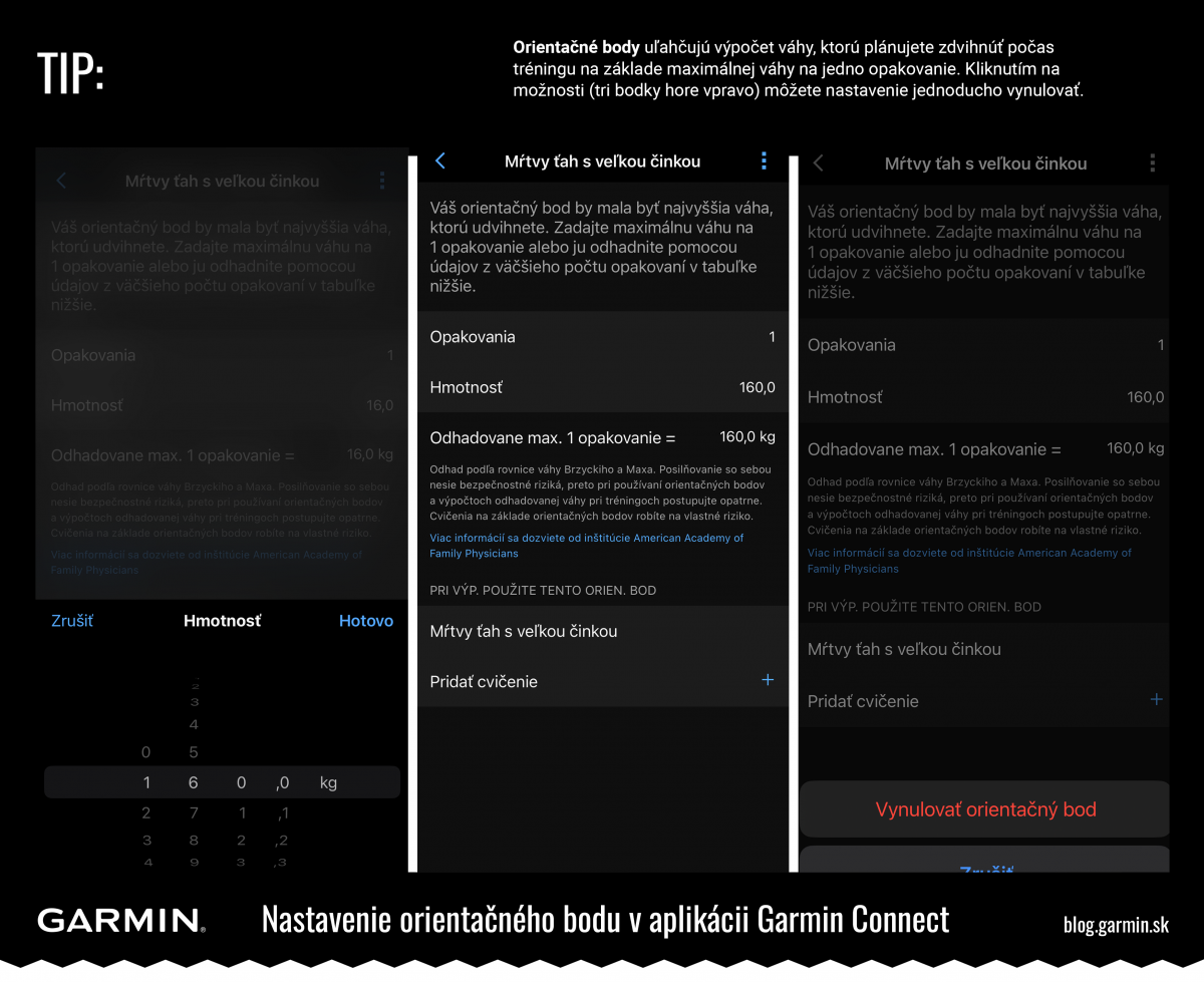 Nastavenie orientačného bodu v aplikácii Garmin Connect