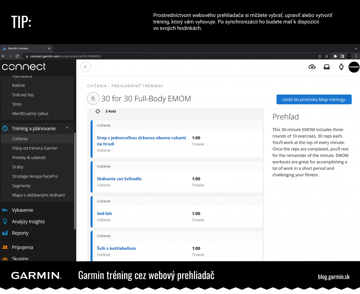 Cvičebná zostava v aplikácii Garmin Connect