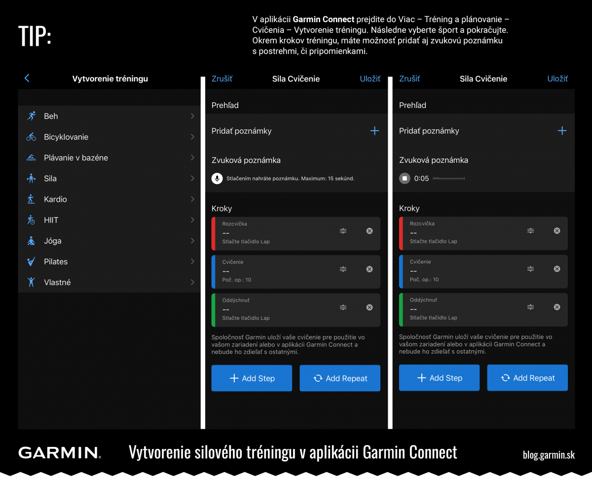 Vytvorenie silového tréningu v aplikácii Garmin Connect