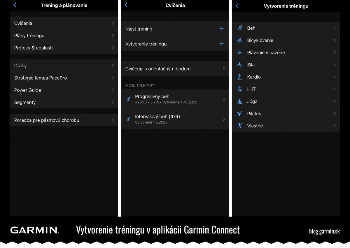 Vytvorenie tréningu v aplikácii Garmin Connect