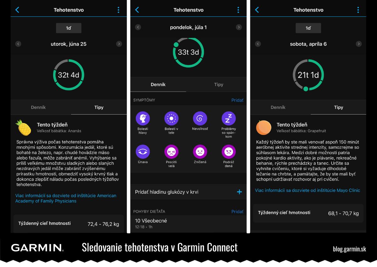 Sledovanie tehotenstva v aplikácii Garmen Connect