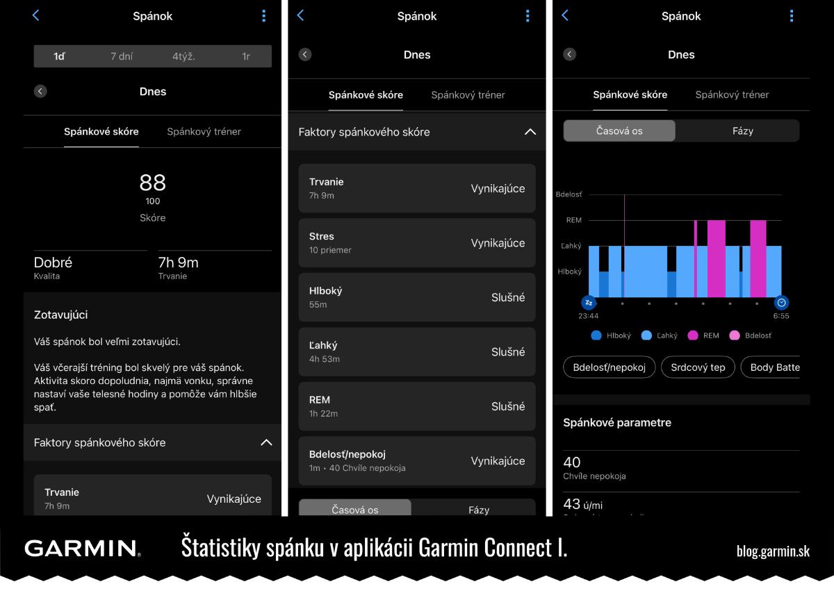 Monitorovanie spánku - štatistiky spánku v aplikácii Garmin Connect