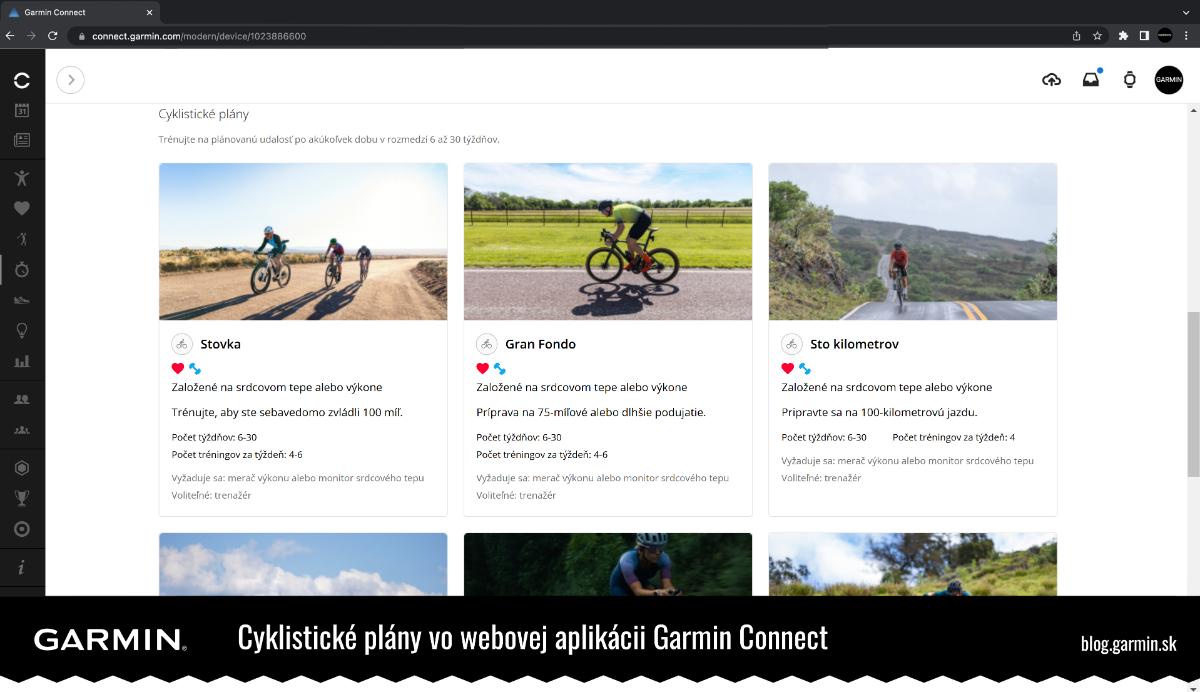 Cyklistické plány v aplikácii Garmin Connect